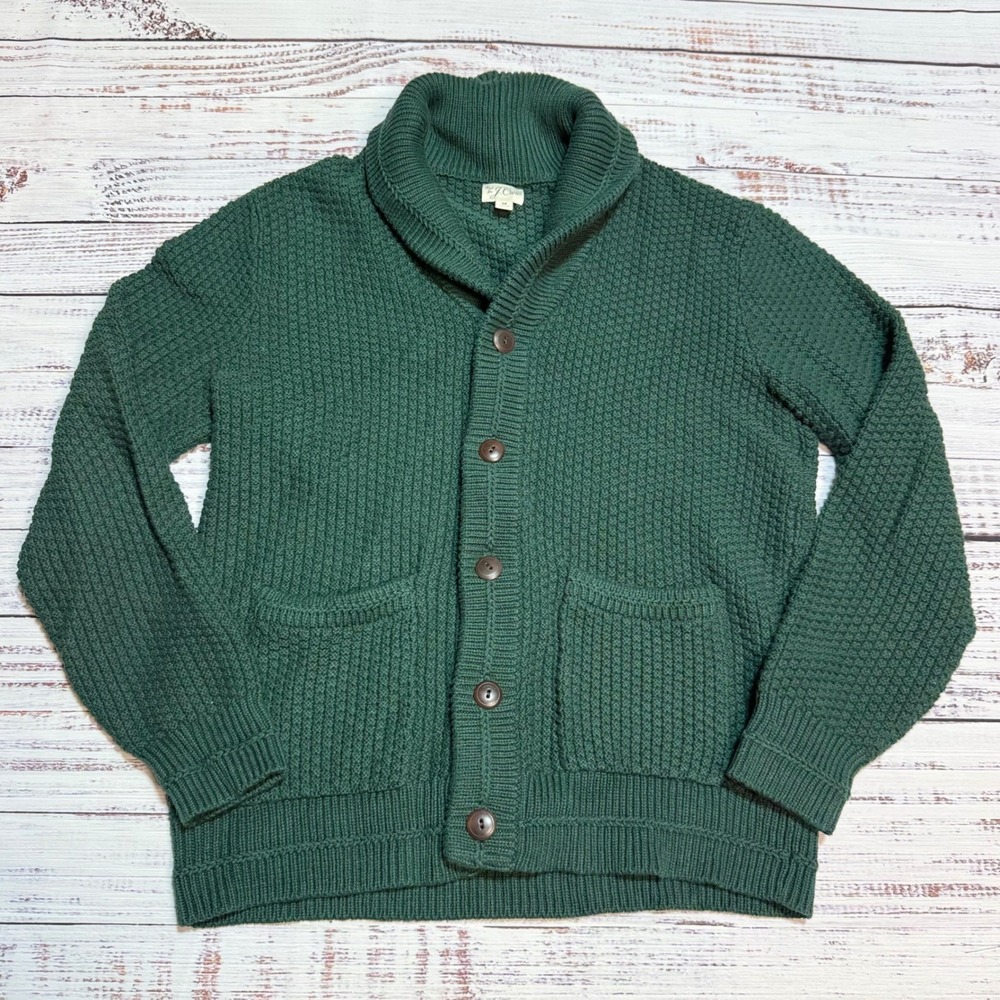 J. Crew Cardigan Sweater Medium Shawl Collar Waffle Knit Green Cotton